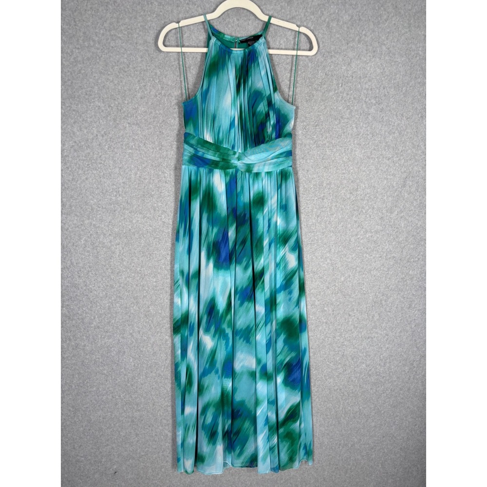 Maggy London Maxi Dress 2 Green Blue Abstract Halter Mesh Pleated‎ Ruched Bra